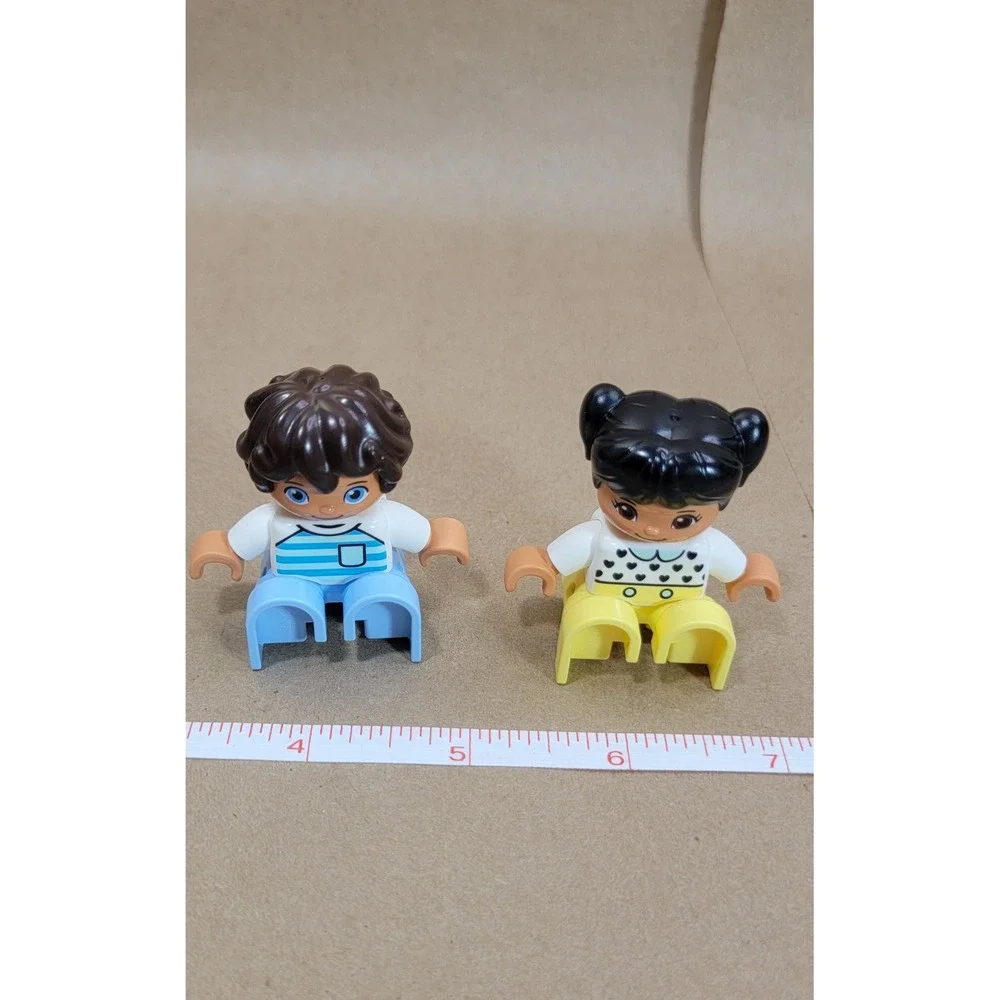 LEGO Duplo Figures Lot of 2 Boy Blue Stripes Girl Hearts Yellow Pants 2 Inch